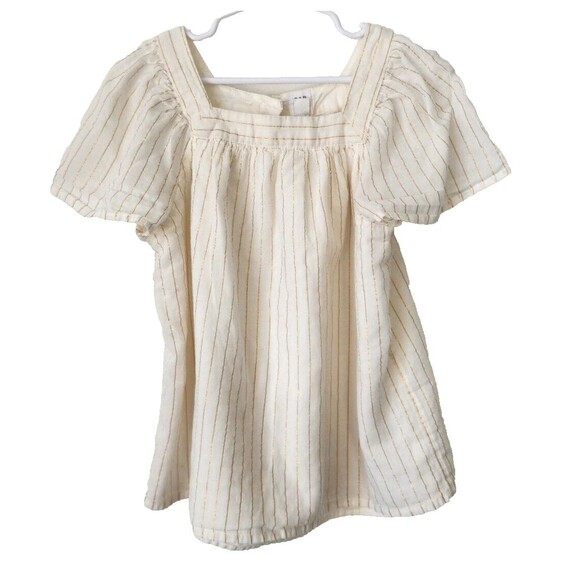 Gap Kid's Girl's Medium Peasant Top Gold White Stripes Short Sleeved Square Neck - Picture 1 of 4